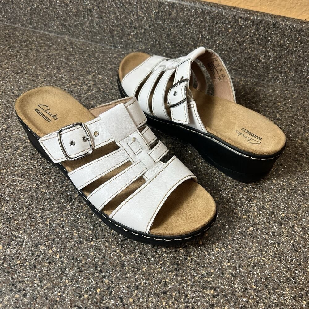 Clarks Collection Sandal Casual White Leather Slip On Open Toe Wedge Womens 9.5M